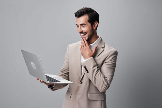 man freelancer online copyspace computer business internet professional cyberspace shirt laptop smiling cheerful notebook portrait suit happy job smile corporate typing