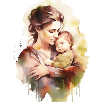 Watercolor Beautiful Silhouette Mother Holding a Baby in Hand on transparent background. Ai generative