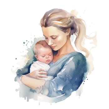 Watercolor Beautiful Silhouette Mother Holding a Baby in Hand on transparent background. Ai generative