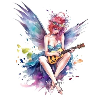 Fairytale heroine. Full length illustration of a cool modern fairy and miniskirt playing electric guitar on a transparent background. Princess tales. Ai generative