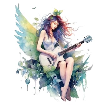 Fairytale heroine. Full length illustration of a cool modern fairy and miniskirt playing electric guitar on a transparent background. Princess tales. Ai generative