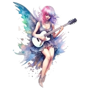 Fairytale heroine. Full length illustration of a cool modern fairy and miniskirt playing electric guitar on a transparent background. Princess tales. Ai generative