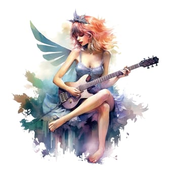 Fairytale heroine. Full length illustration of a cool modern fairy and miniskirt playing electric guitar on a transparent background. Princess tales. Ai generative