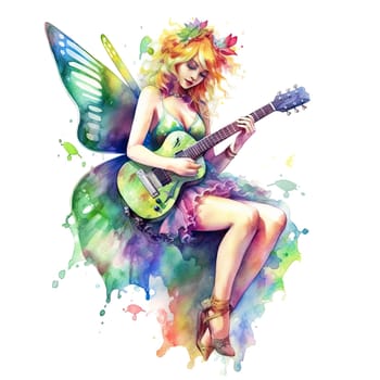 Fairytale heroine. Full length illustration of a cool modern fairy and miniskirt playing electric guitar on a transparent background. Princess tales. Ai generative