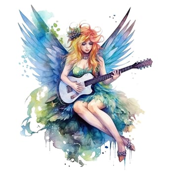 Fairytale heroine. Full length illustration of a cool modern fairy and miniskirt playing electric guitar on a transparent background. Princess tales. Ai generative