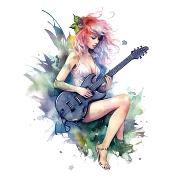 Fairytale heroine. Full length illustration of a cool modern fairy and miniskirt playing electric guitar on a transparent background. Princess tales. Ai generative