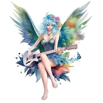 Fairytale heroine. Full length illustration of a cool modern fairy and miniskirt playing electric guitar on a transparent background. Princess tales. Ai generative