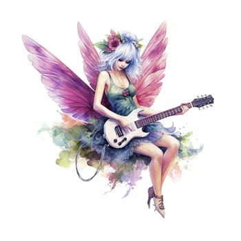 Fairytale heroine. Full length illustration of a cool modern fairy and miniskirt playing electric guitar on a transparent background. Princess tales. Ai generative