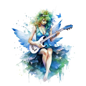 Fairytale heroine. Full length illustration of a cool modern fairy and miniskirt playing electric guitar on a transparent background. Princess tales. Ai generative