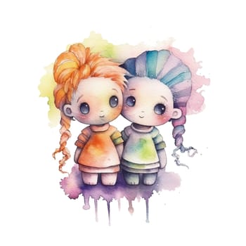 Rainbow Couple Dolls Clipart, LGBTI Watercolor Art, Dolls PNG, Instant Doll Stickers, Dolls Transparent background. Ai generative