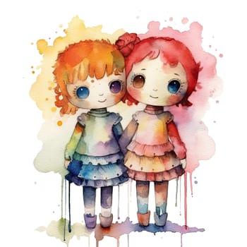 Rainbow Couple Dolls Clipart, LGBTI Watercolor Art, Dolls PNG, Instant Doll Stickers, Dolls Transparent background. Ai generative