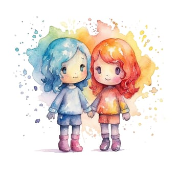 Rainbow Couple Dolls Clipart, LGBTI Watercolor Art, Dolls PNG, Instant Doll Stickers, Dolls Transparent background. Ai generative