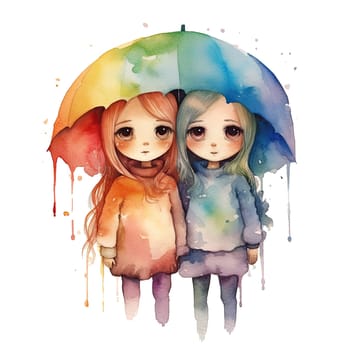 Rainbow Couple Dolls Clipart, LGBTI Watercolor Art, Dolls PNG, Instant Doll Stickers, Dolls Transparent background. Ai generative