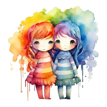 Rainbow Couple Dolls Clipart, LGBTI Watercolor Art, Dolls PNG, Instant Doll Stickers, Dolls Transparent background. Ai generative