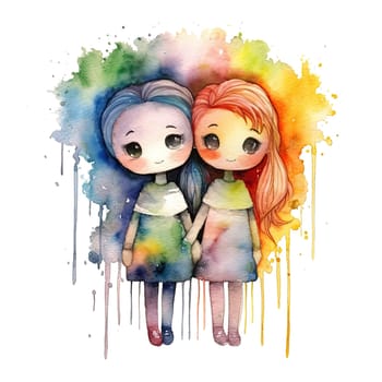 Rainbow Couple Dolls Clipart, LGBTI Watercolor Art, Dolls PNG, Instant Doll Stickers, Dolls Transparent background. Ai generative