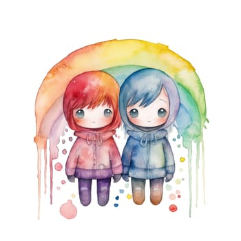 Rainbow Couple Dolls Clipart, LGBTI Watercolor Art, Dolls PNG, Instant Doll Stickers, Dolls Transparent background. Ai generative