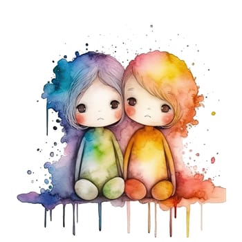 Rainbow Couple Dolls Clipart, LGBTI Watercolor Art, Dolls PNG, Instant Doll Stickers, Dolls Transparent background. Ai generative