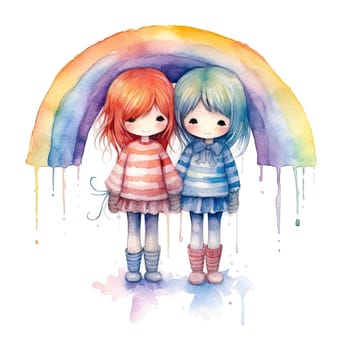 Rainbow Couple Dolls Clipart, LGBTI Watercolor Art, Dolls PNG, Instant Doll Stickers, Dolls Transparent background. Ai generative