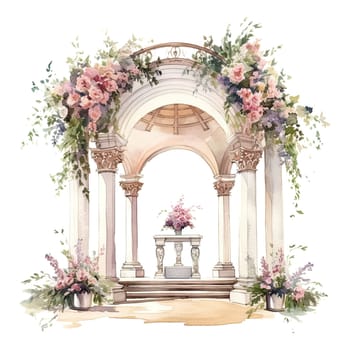 Set of watercolor wedding elements. The bride and groom's shoes, cake, bouquet, plate and appliances, camera, champagne glasses, flower arch. Elements for wedding timing, cards, greeting cards