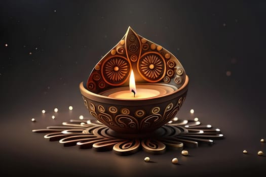 3D rendering indian lamp for diwali celebration on soft background ethereal. Colorful particle effects in the background. Gold filigree on a indian lamp. AI-generated Digital Art