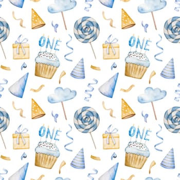 Happy birthday cupcakes, lollipop and party hat blue watercolor seamless pattern. Postcard for newborn baby boy with sweet cakes and gifts