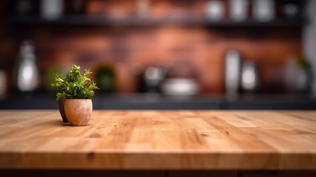 wooden empty table for mock up against blurred kitchen background with bokeh. AI Generative.