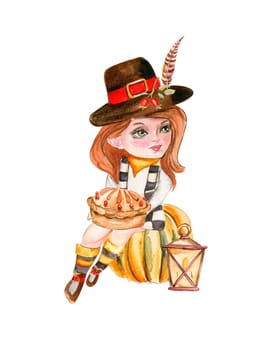 Composition of an autumn girl gnome and thanksgiving pie. Hand drawn illustration of autumn. Perfect for scrapbooking, kids design, wedding invitation, posters, greetings cards, party decoration.