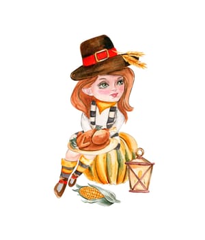 Composition of an autumn girl gnome and thanksgiving turkey. Hand drawn illustration of autumn. Perfect for scrapbooking, kids design, wedding invitation, posters, greetings cards, party decoration.