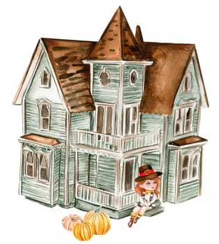 Watercolor hand drawn autumn farm house, pumpkins. Hand drawn illustration of an autumn. Perfect for scrapbooking, kids design, wedding invitation, posters, greetings cards, party decoration.
