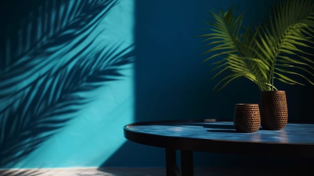 Blue empty table top and blue pattern wall with palm leaf shadows. Place for your product display. Ai Generative.