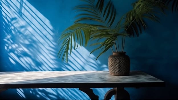 Blue empty table top and blue pattern wall with palm leaf shadows. Place for your product display. Ai Generative.