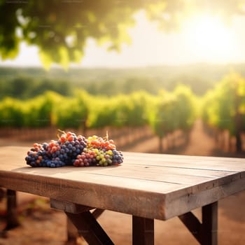 wooden empty table for mock up against blurred background with french vineyard. Ai Generative.