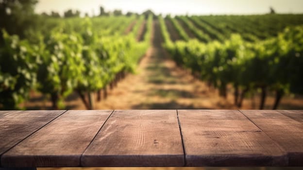 wooden empty table for mock up against blurred background with french vineyard. Ai Generative.