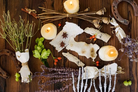 Dried herbs are lying on a wooden table. The skeleton's paws are engaged in magic. High quality photo