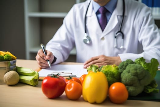 healthcare and diet concept. male nutritionist with fruits working at her desk. Female nutritionist at her workplace, AI Generated