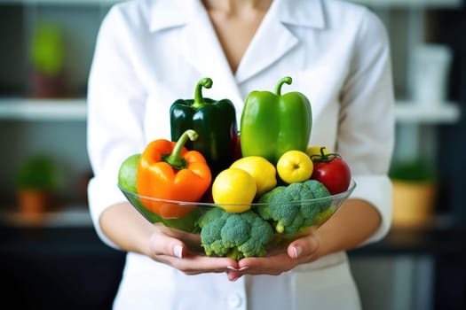 healthcare and diet concept. Female nutritionist holding fruit and vegetables in hands, AI Generated