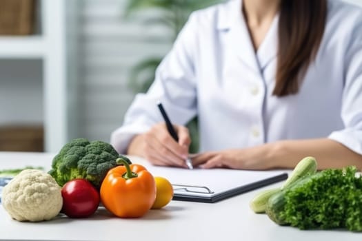 healthcare and diet concept. Female nutritionist with fruits working at her desk. Female nutritionist at her workplace, AI Generated