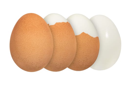 Boiled chicken eggs, with different levels of shelling on a white isolated background. The concept of boiling and cooking eggs. For inserting into designs or as a label for packaging. Side view