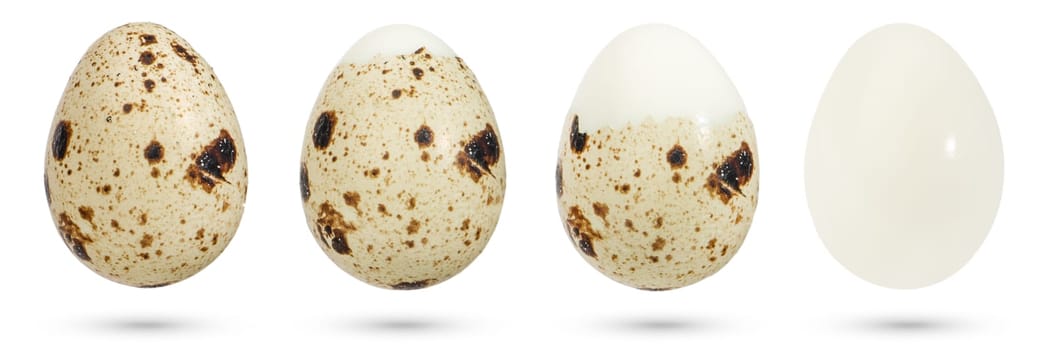 Quail eggs. Boiled eggs in the process of peeling the shell on a white isolated background. The concept of boiled eggs, cooking diet food, healthy eating