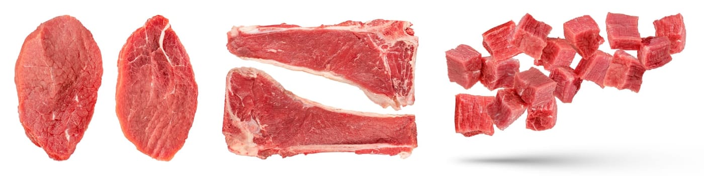 Pieces of beef. Set of large pieces of beef, with a bone, isolated on a white background. Pieces and cubes of juicy beef, isolated on a white background, for insertion into a design or project