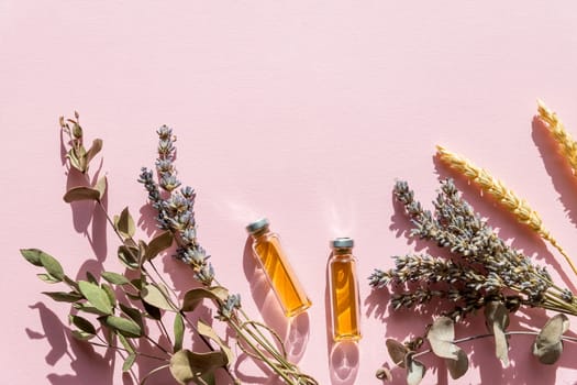 Natural cosmetics with lavender and orange, lemon for homemade spa on white background top view mock up.