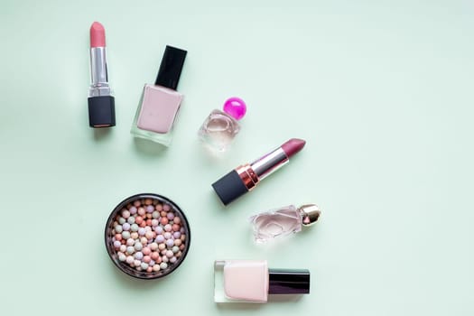 Trendy arranged flat lay fashion and beauty retail products with copy space.