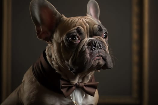 A dog, brown stylish French bulldog in a brown bow tie, sitting indoors in the evening light. Ai generative