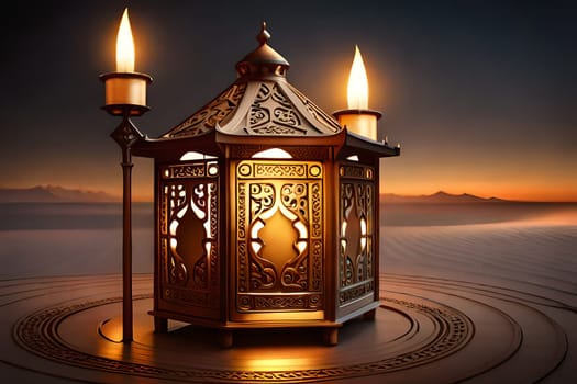 Ornamental Arabic lantern with burning candle glowing . Festive greeting card, invitation for Muslim holy month Ramadan Kareem. Ramadan Kareem greeting photo with serene mosque background.