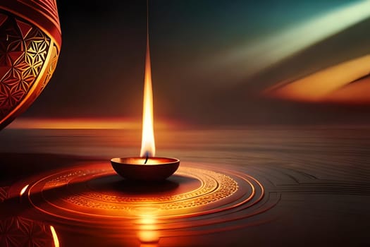 3D rendering indian lamp for diwali celebration on soft background ethereal. Colorful particle effects in the background. Gold filigree on a indian lamp. AI-generated Digital Art