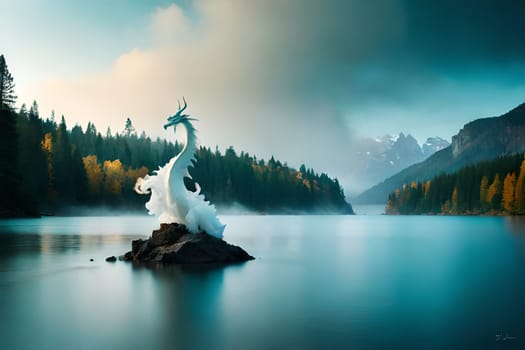 A painting of a friendly dinosaur with a mountain in the background. Fantasy friendly dragon portrait. Surreal artwork of dragon from medieval mythology.