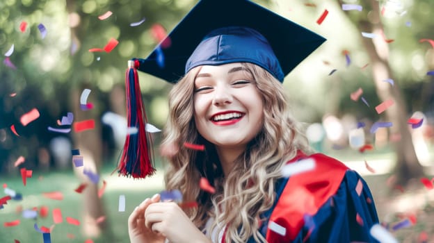 Happy Caucasian female graduating student celebrating Graduation. School graduation. Generative ai