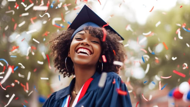 Happy African American female graduating student celebrating Graduation. School graduation. Generative ai