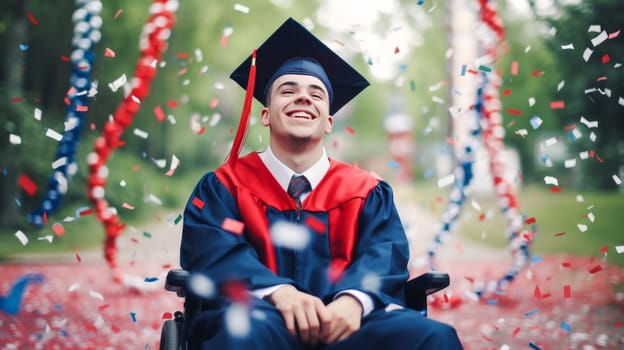Happy caucasian male graduating student on wheelchair celebrating Graduation. Disabled handicapped man. School graduation. Generative ai
