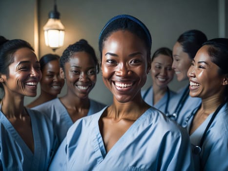 Successful diverse team of medical doctors are looking at camera and smiling while standing in hospital. Generative Ai